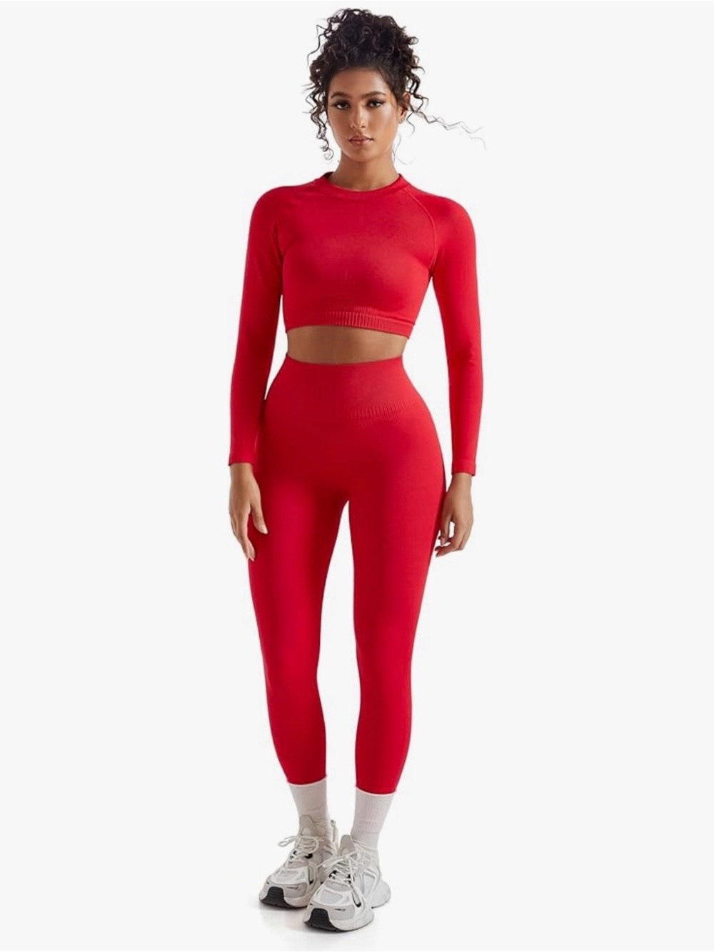 Seamless Ribbed Red Leggings with Matching Long-Sleeve Crop Top